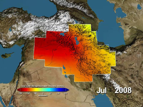 NASA's GRACE Sees Major Water Losses in Middle East: Variations in total water storage from normal, in millimeters, in the Tigris and Euphrates river basins, as measured by NASA's Gravity Recovery and Climate Experiment (GRACE) satellites, from January 2003 through December 2009. Reds represent drier conditions, while blues represent wetter conditions. The majority of the water lost was due to reductions in groundwater caused by human activities. By periodically measuring gravity regionally, GRACE tells scientists how much water storage changes over time. Image credit: NASA/UC Irvine/NCAR